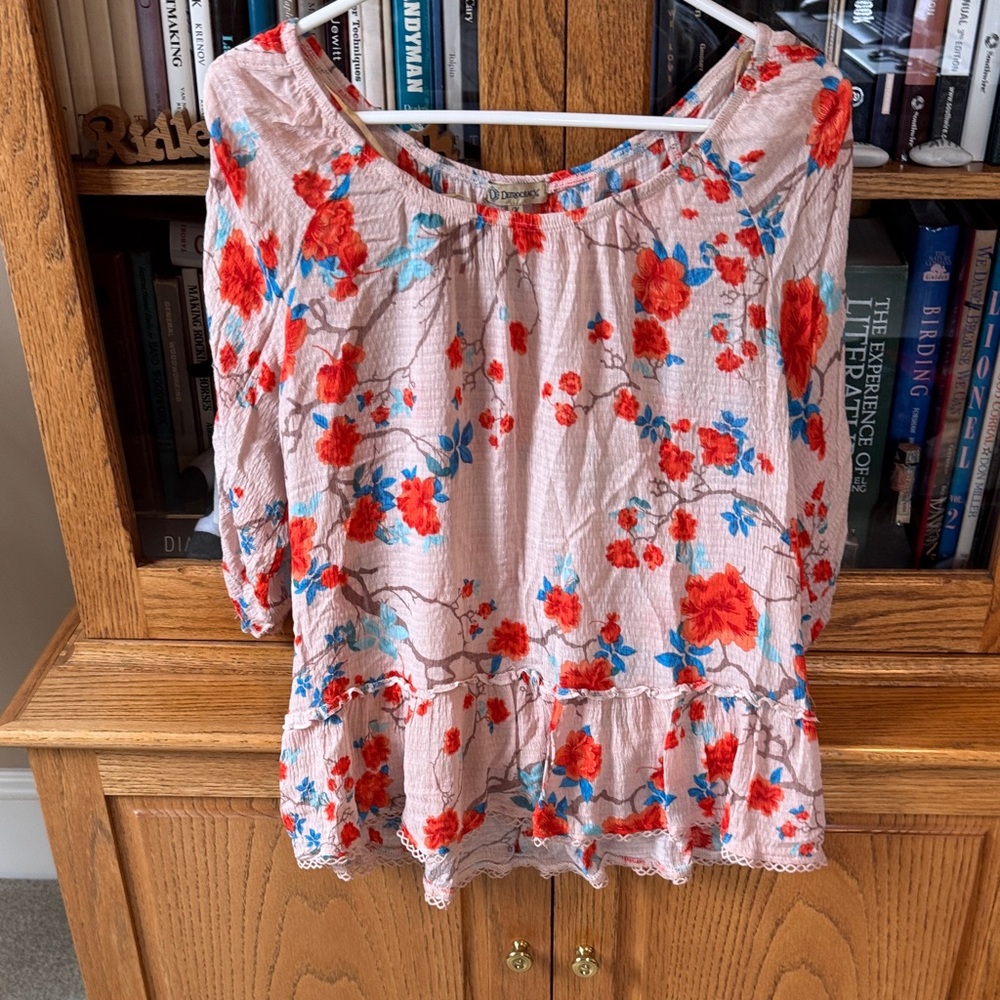 Democracy Pink Blush Blouse with Red & Blue Floral Print